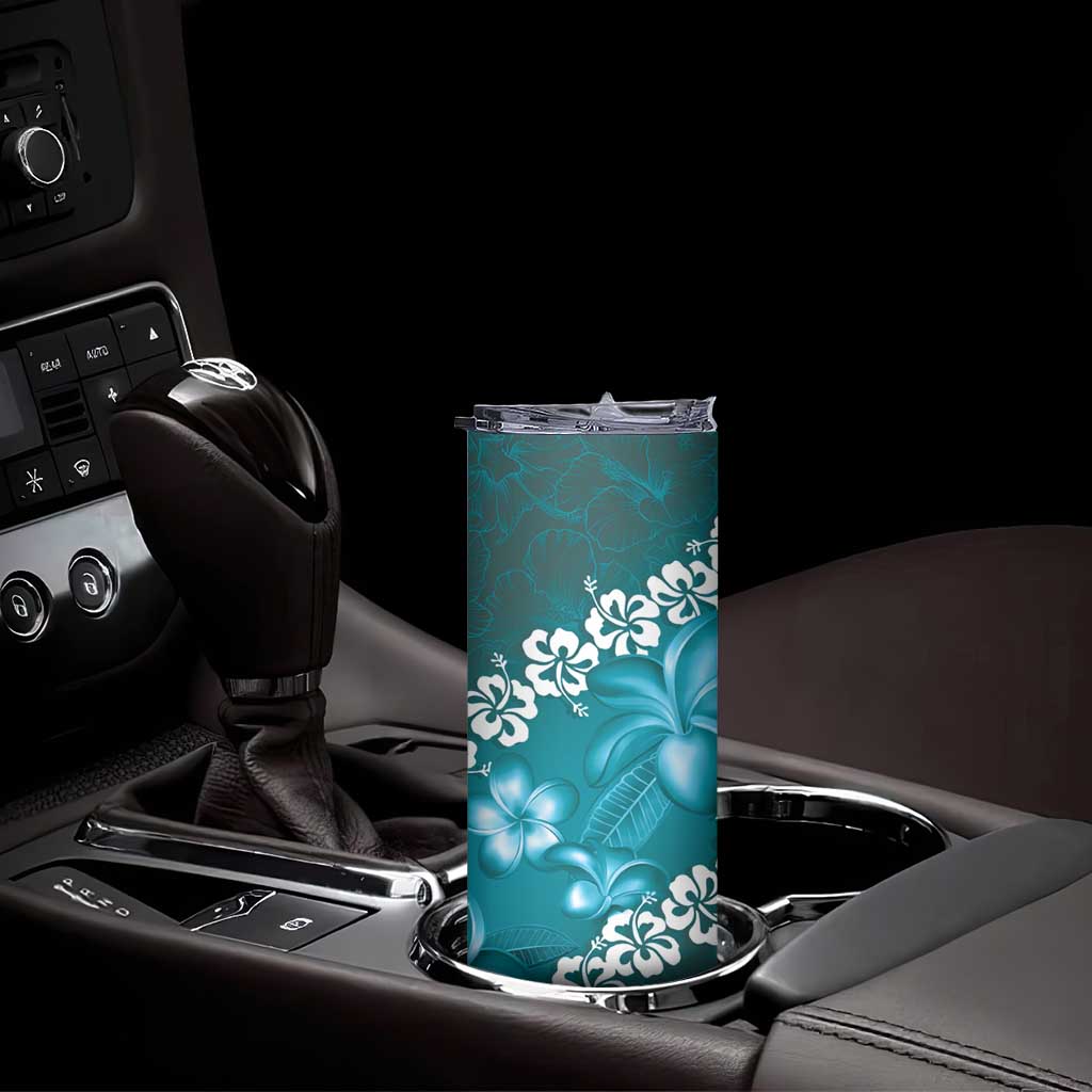 Vintage Dark Cyan Polynesia Skinny Tumbler Plumeria With Hibiscus Tropical Vibes LT14 - Polynesian Pride