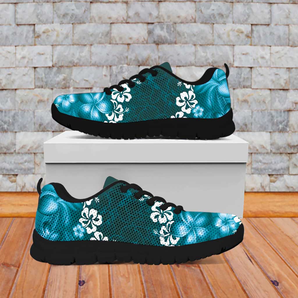 Vintage Dark Cyan Polynesia Sneakers Plumeria With Hibiscus Tropical Vibes