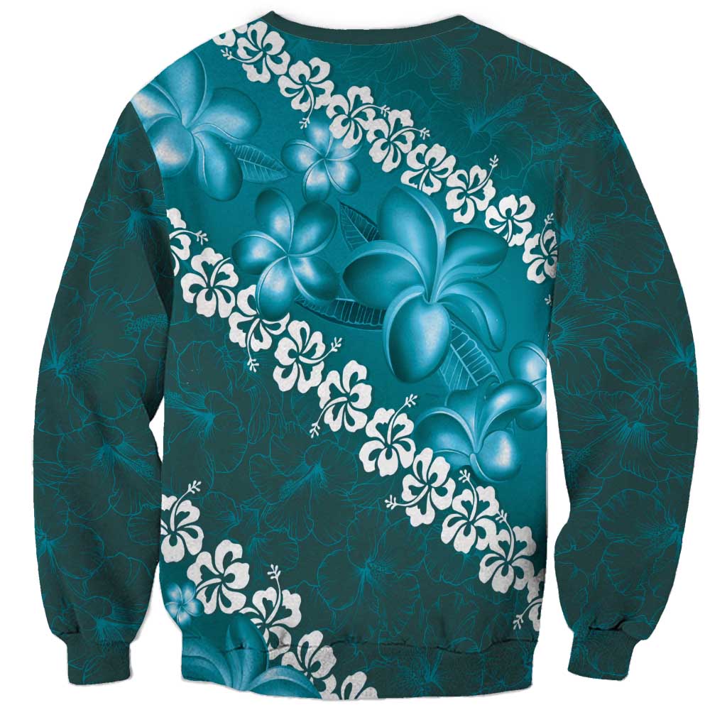 Vintage Dark Cyan Polynesia Sweatshirt Plumeria With Hibiscus Tropical Vibes