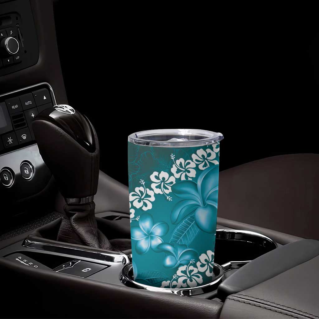 Vintage Dark Cyan Polynesia Tumbler Cup Plumeria With Hibiscus Tropical Vibes
