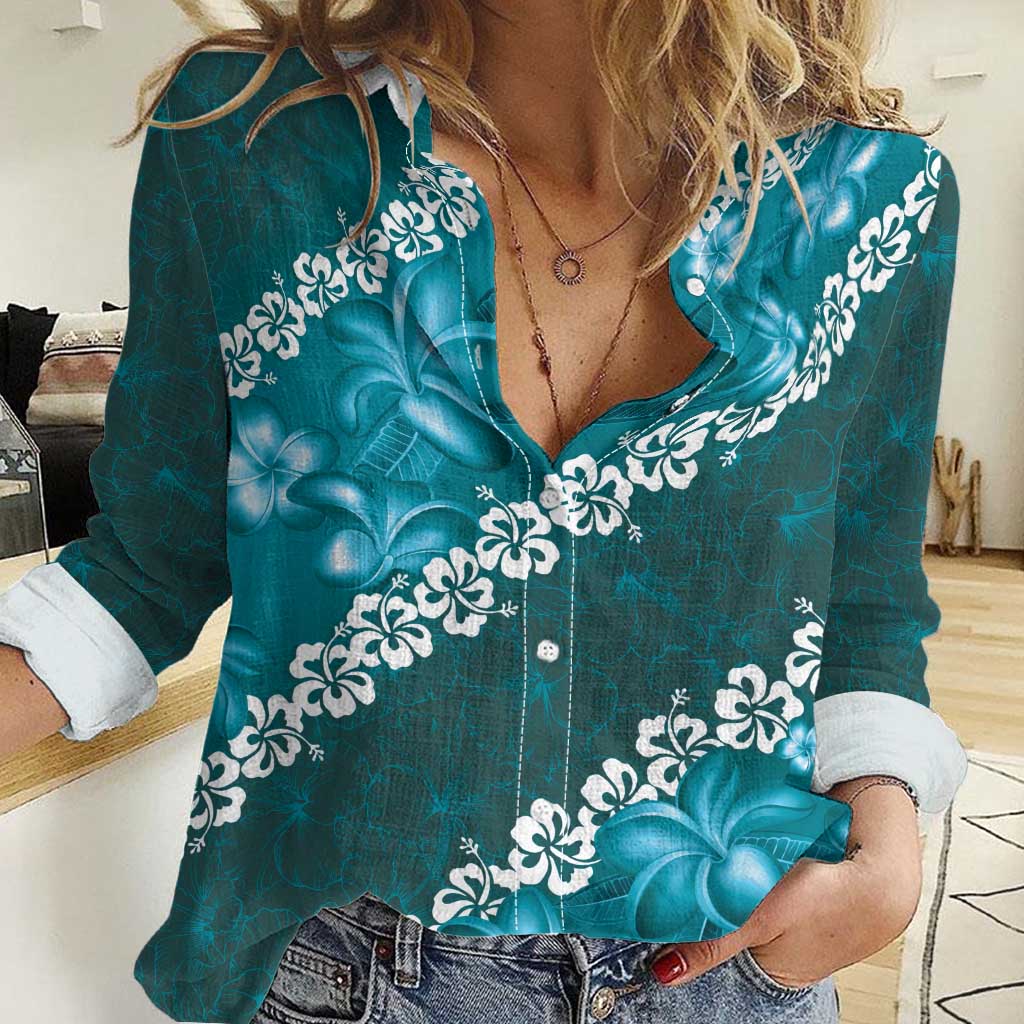Vintage Dark Cyan Polynesia Women Casual Shirt Plumeria With Hibiscus Tropical Vibes LT14 Female Dark Cyan - Polynesian Pride