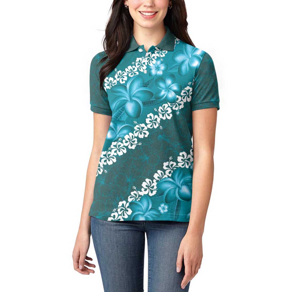 Vintage Dark Cyan Polynesia Women Polo Shirt Plumeria With Hibiscus Tropical Vibes