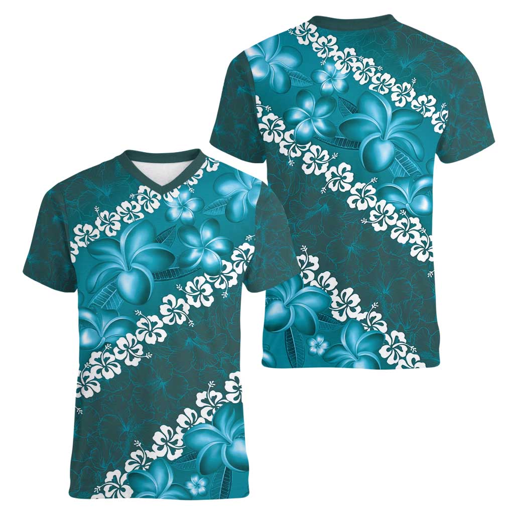 Vintage Dark Cyan Polynesia Women V-Neck T-Shirt Plumeria With Hibiscus Tropical Vibes LT14 - Polynesian Pride