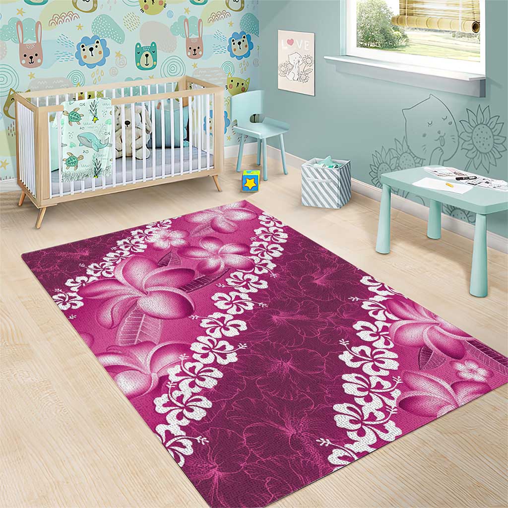 Vintage Pink Polynesia Area Rug Plumeria With Hibiscus Tropical Vibes