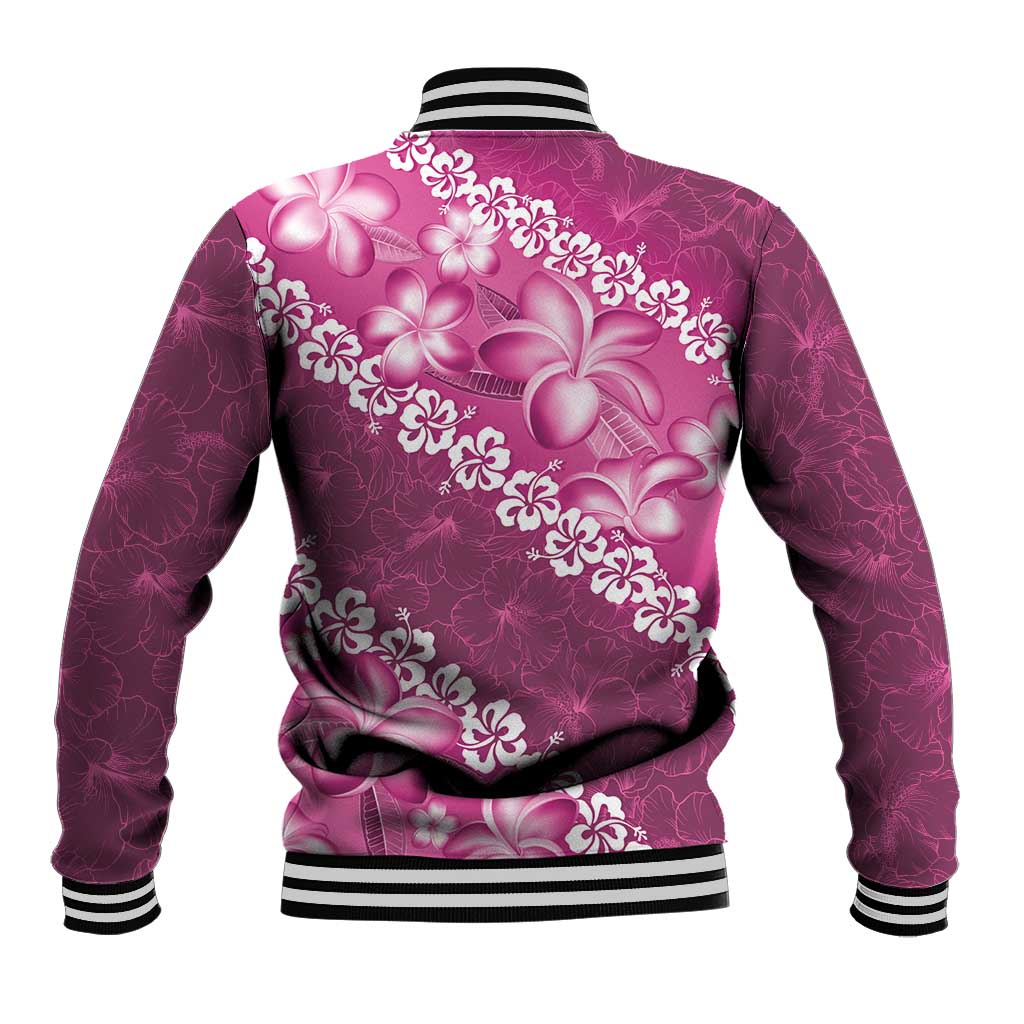 Vintage Pink Polynesia Baseball Jacket Plumeria With Hibiscus Tropical Vibes