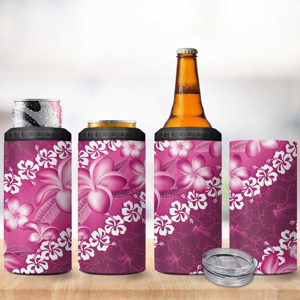 Vintage Pink Polynesia 4 in 1 Can Cooler Tumbler Plumeria With Hibiscus Tropical Vibes