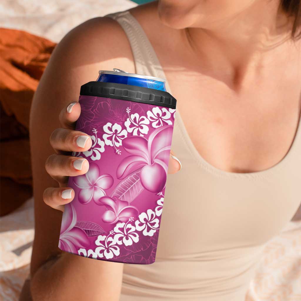 Vintage Pink Polynesia 4 in 1 Can Cooler Tumbler Plumeria With Hibiscus Tropical Vibes
