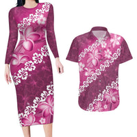 Vintage Pink Polynesia Couples Matching Long Sleeve Bodycon Dress and Hawaiian Shirt Plumeria With Hibiscus Tropical Vibes LT14 Pink - Polynesian Pride