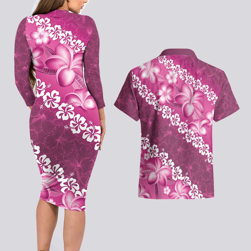 Vintage Pink Polynesia Couples Matching Long Sleeve Bodycon Dress and Hawaiian Shirt Plumeria With Hibiscus Tropical Vibes LT14 - Polynesian Pride