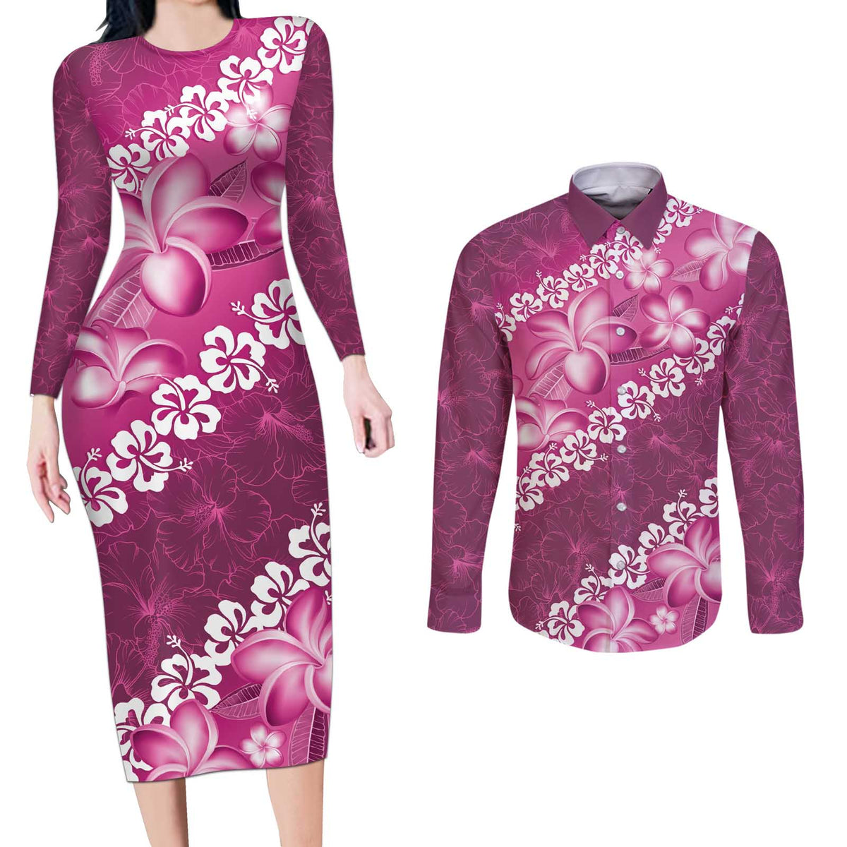 Vintage Pink Polynesia Couples Matching Long Sleeve Bodycon Dress and Long Sleeve Button Shirt Plumeria With Hibiscus Tropical Vibes LT14 Pink - Polynesian Pride