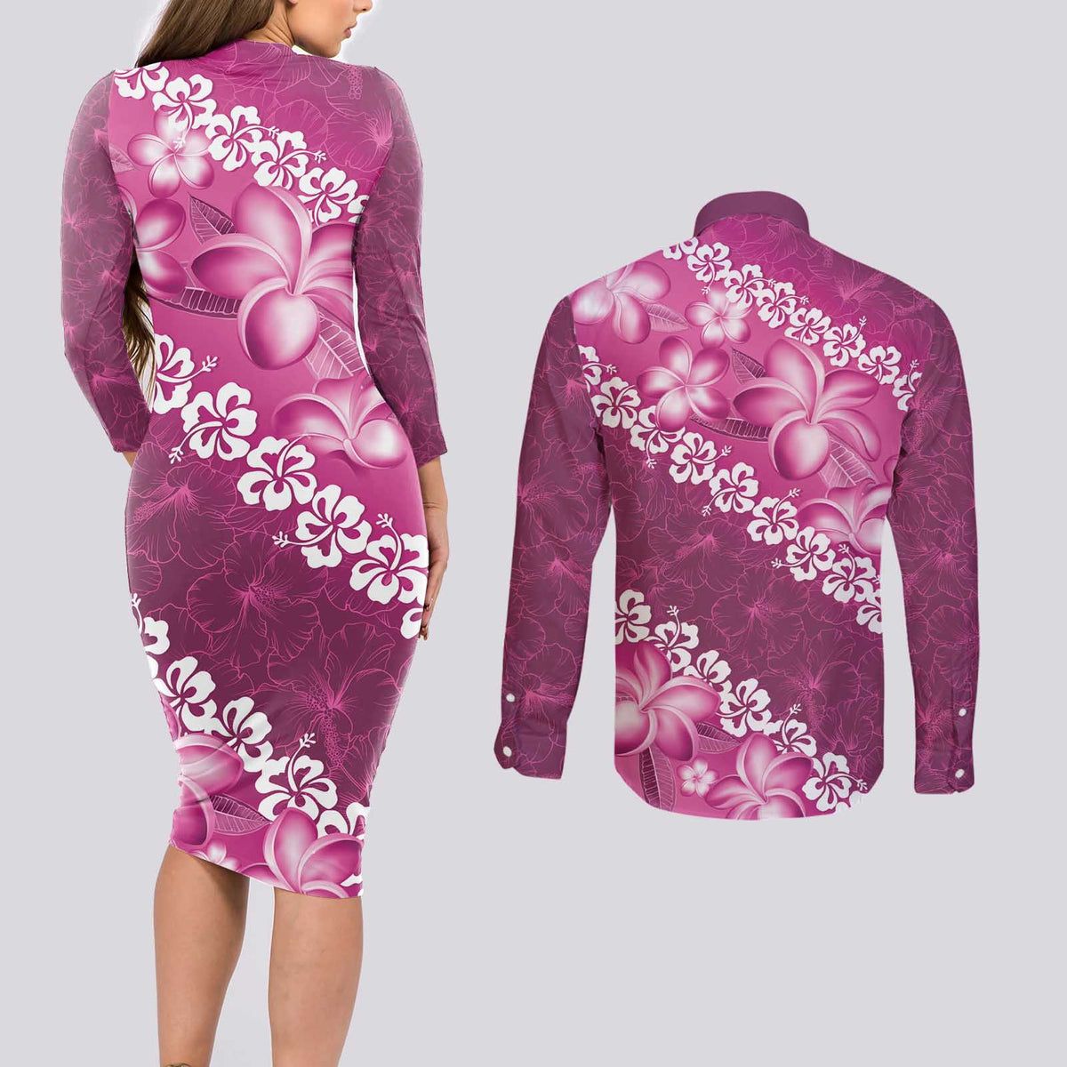 Vintage Pink Polynesia Couples Matching Long Sleeve Bodycon Dress and Long Sleeve Button Shirt Plumeria With Hibiscus Tropical Vibes LT14 - Polynesian Pride