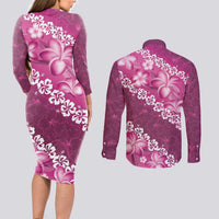 Vintage Pink Polynesia Couples Matching Long Sleeve Bodycon Dress and Long Sleeve Button Shirt Plumeria With Hibiscus Tropical Vibes LT14 - Polynesian Pride