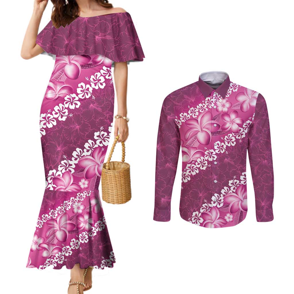 Vintage Pink Polynesia Couples Matching Mermaid Dress and Long Sleeve Button Shirt Plumeria With Hibiscus Tropical Vibes LT14 Pink - Polynesian Pride