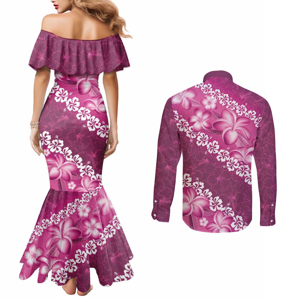 Vintage Pink Polynesia Couples Matching Mermaid Dress and Long Sleeve Button Shirt Plumeria With Hibiscus Tropical Vibes LT14 - Polynesian Pride