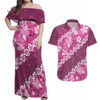 Vintage Pink Polynesia Couples Matching Off Shoulder Maxi Dress and Hawaiian Shirt Plumeria With Hibiscus Tropical Vibes LT14 Pink - Polynesian Pride