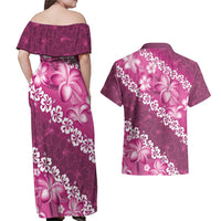 Vintage Pink Polynesia Couples Matching Off Shoulder Maxi Dress and Hawaiian Shirt Plumeria With Hibiscus Tropical Vibes LT14 - Polynesian Pride