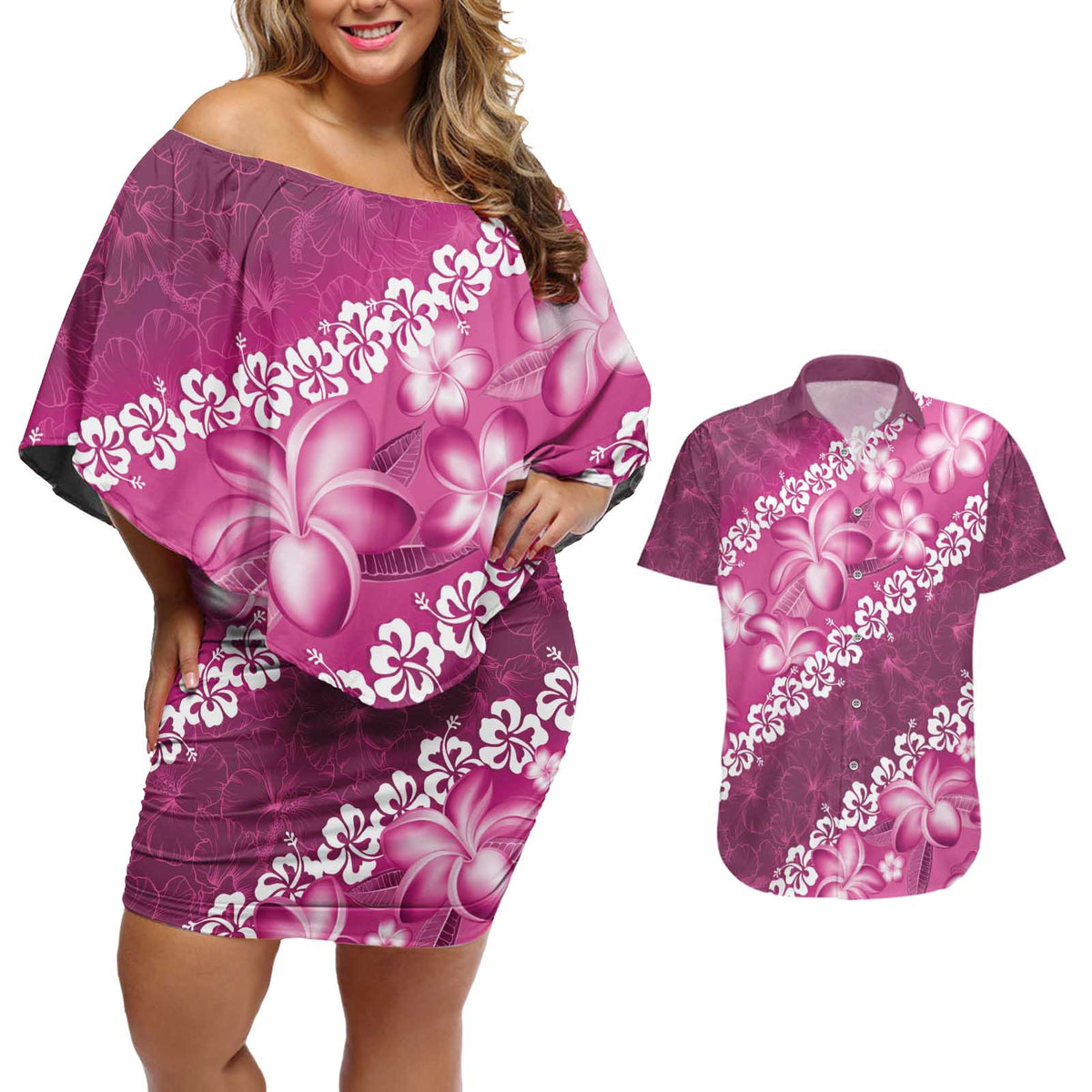 Vintage Pink Polynesia Couples Matching Off Shoulder Short Dress and Hawaiian Shirt Plumeria With Hibiscus Tropical Vibes LT14 Pink - Polynesian Pride