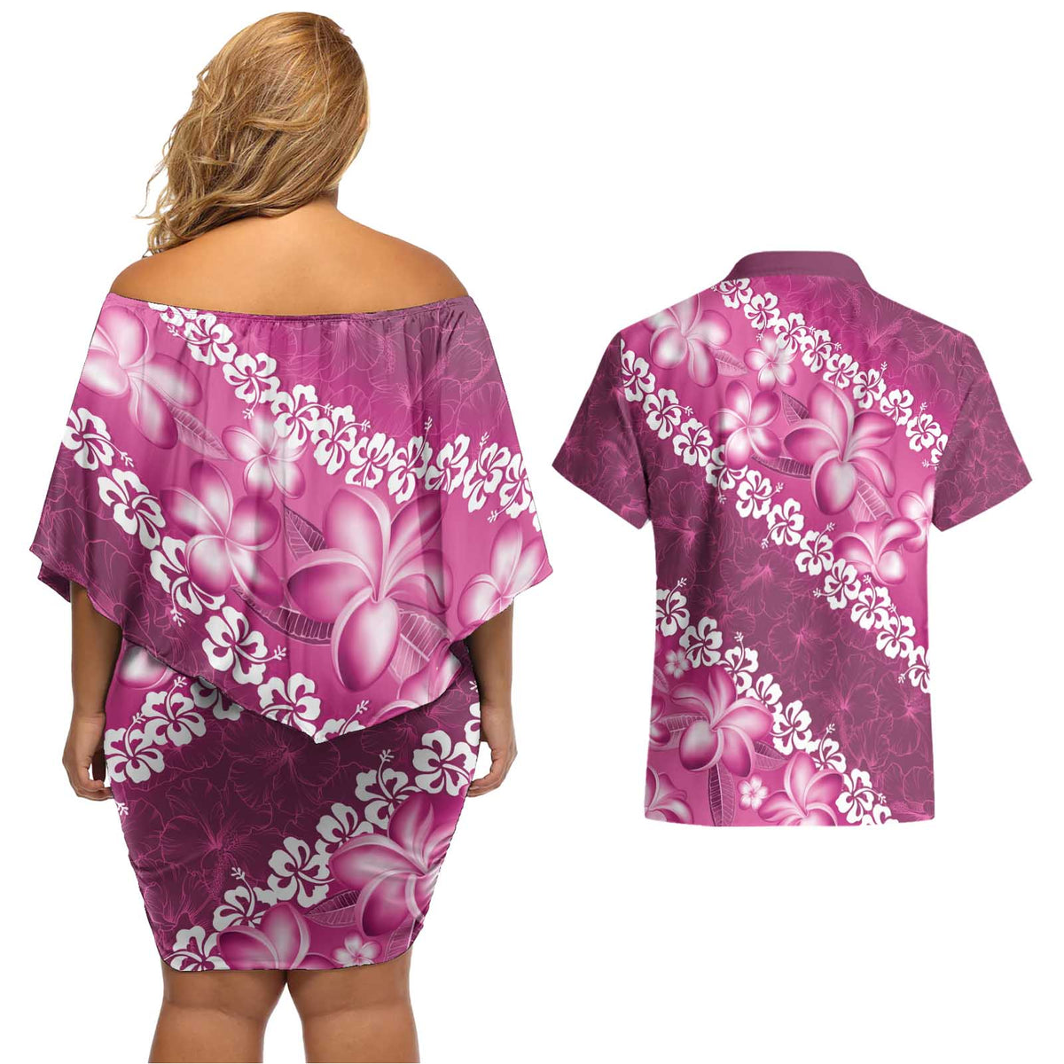 Vintage Pink Polynesia Couples Matching Off Shoulder Short Dress and Hawaiian Shirt Plumeria With Hibiscus Tropical Vibes LT14 - Polynesian Pride