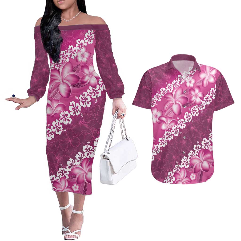 Vintage Pink Polynesia Couples Matching Off The Shoulder Long Sleeve Dress and Hawaiian Shirt Plumeria With Hibiscus Tropical Vibes LT14 Pink - Polynesian Pride