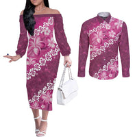 Vintage Pink Polynesia Couples Matching Off The Shoulder Long Sleeve Dress and Long Sleeve Button Shirt Plumeria With Hibiscus Tropical Vibes LT14 Pink - Polynesian Pride