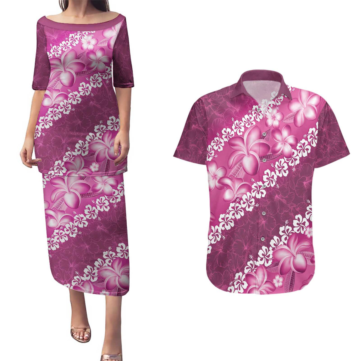 Vintage Pink Polynesia Couples Matching Puletasi and Hawaiian Shirt Plumeria With Hibiscus Tropical Vibes LT14 Pink - Polynesian Pride