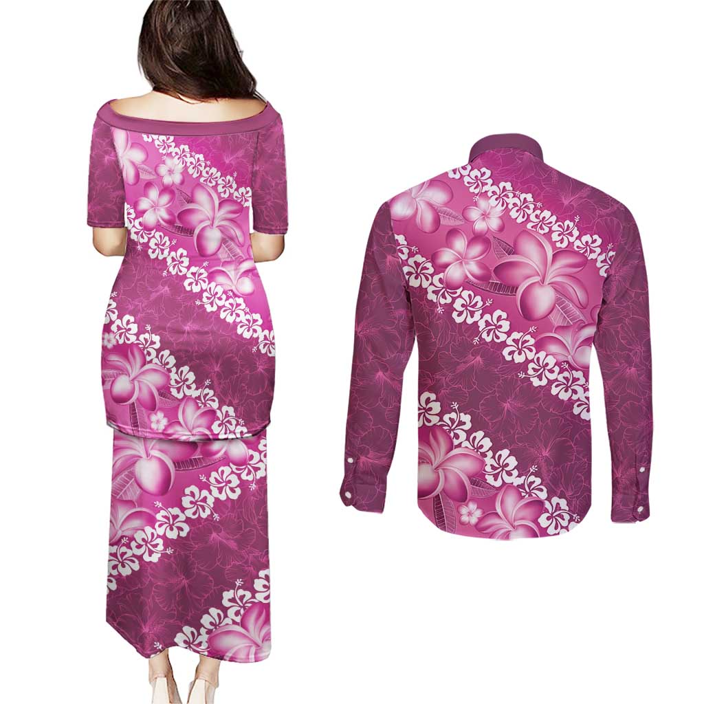 Vintage Pink Polynesia Couples Matching Puletasi and Long Sleeve Button Shirt Plumeria With Hibiscus Tropical Vibes