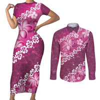 Vintage Pink Polynesia Couples Matching Short Sleeve Bodycon Dress and Long Sleeve Button Shirt Plumeria With Hibiscus Tropical Vibes LT14 Pink - Polynesian Pride