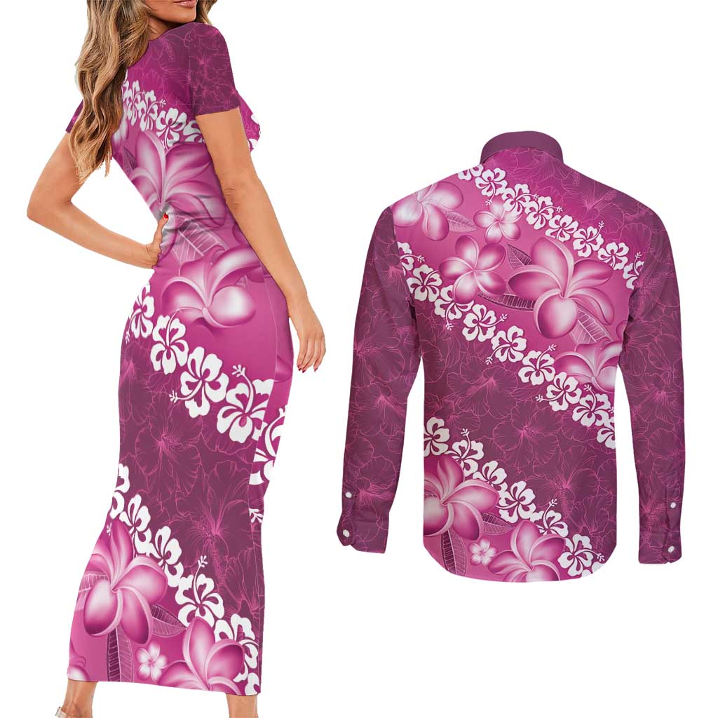 Vintage Pink Polynesia Couples Matching Short Sleeve Bodycon Dress and Long Sleeve Button Shirt Plumeria With Hibiscus Tropical Vibes LT14 - Polynesian Pride