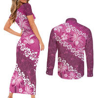 Vintage Pink Polynesia Couples Matching Short Sleeve Bodycon Dress and Long Sleeve Button Shirt Plumeria With Hibiscus Tropical Vibes LT14 - Polynesian Pride