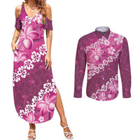 Vintage Pink Polynesia Couples Matching Summer Maxi Dress and Long Sleeve Button Shirt Plumeria With Hibiscus Tropical Vibes LT14 Pink - Polynesian Pride