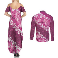 Vintage Pink Polynesia Couples Matching Summer Maxi Dress and Long Sleeve Button Shirt Plumeria With Hibiscus Tropical Vibes LT14 - Polynesian Pride