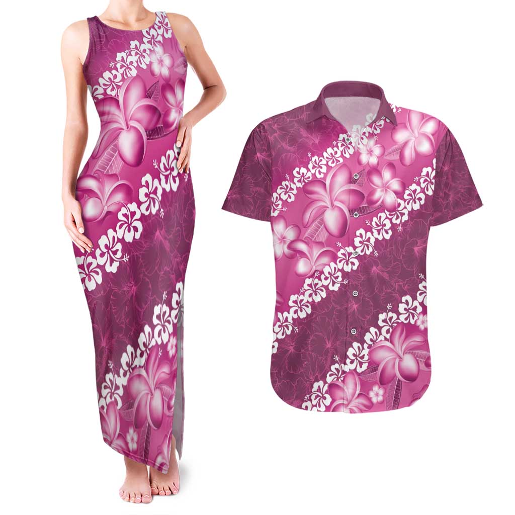 Vintage Pink Polynesia Couples Matching Tank Maxi Dress and Hawaiian Shirt Plumeria With Hibiscus Tropical Vibes LT14 Pink - Polynesian Pride