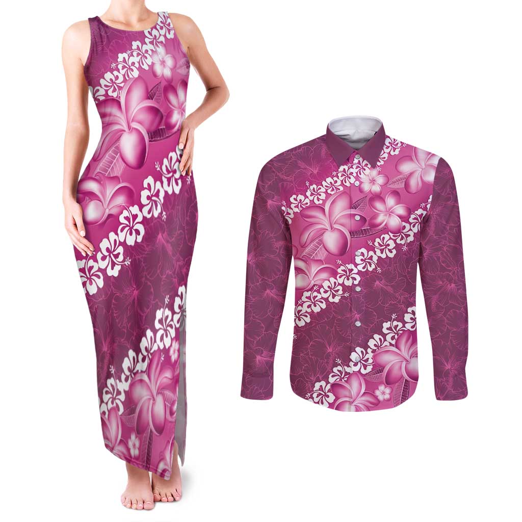 Vintage Pink Polynesia Couples Matching Tank Maxi Dress and Long Sleeve Button Shirt Plumeria With Hibiscus Tropical Vibes LT14 Pink - Polynesian Pride