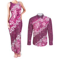 Vintage Pink Polynesia Couples Matching Tank Maxi Dress and Long Sleeve Button Shirt Plumeria With Hibiscus Tropical Vibes LT14 Pink - Polynesian Pride