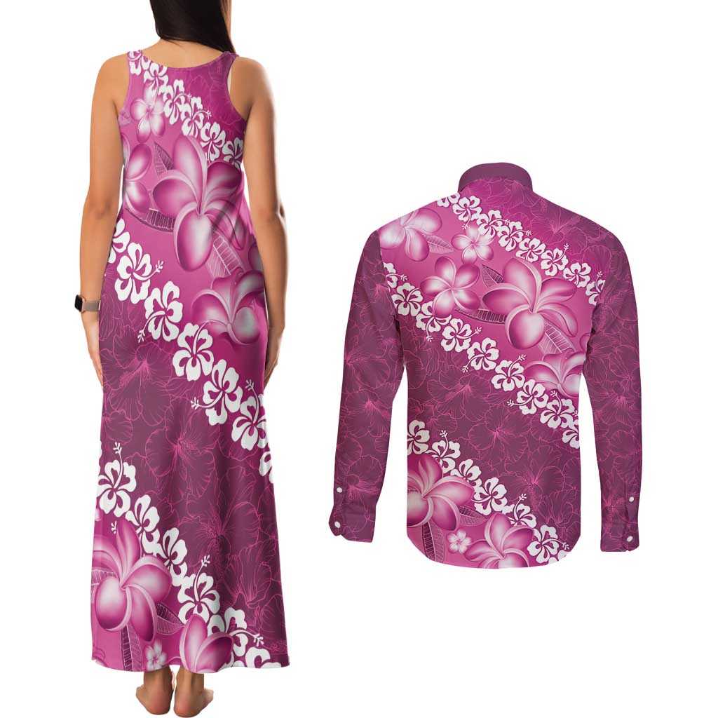 Vintage Pink Polynesia Couples Matching Tank Maxi Dress and Long Sleeve Button Shirt Plumeria With Hibiscus Tropical Vibes LT14 - Polynesian Pride