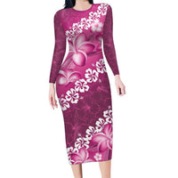 Vintage Pink Polynesia Family Matching Long Sleeve Bodycon Dress and Hawaiian Shirt Plumeria With Hibiscus Tropical Vibes LT14 Mom's Dress Pink - Polynesian Pride