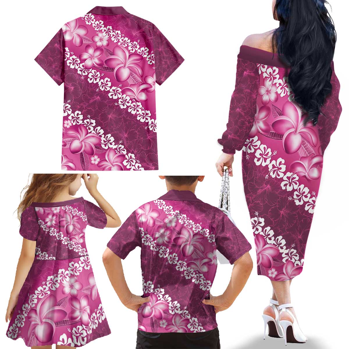 Vintage Pink Polynesia Family Matching Off The Shoulder Long Sleeve Dress and Hawaiian Shirt Plumeria With Hibiscus Tropical Vibes LT14 - Polynesian Pride