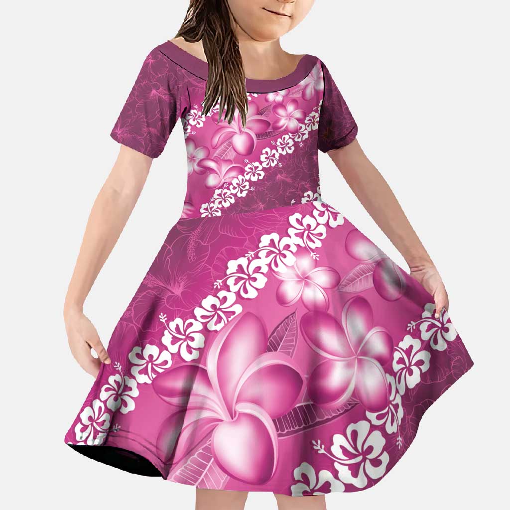 Vintage Pink Polynesia Family Matching Off Shoulder Maxi Dress and Hawaiian Shirt Plumeria With Hibiscus Tropical Vibes LT14 Daughter's Dress Pink - Polynesian Pride