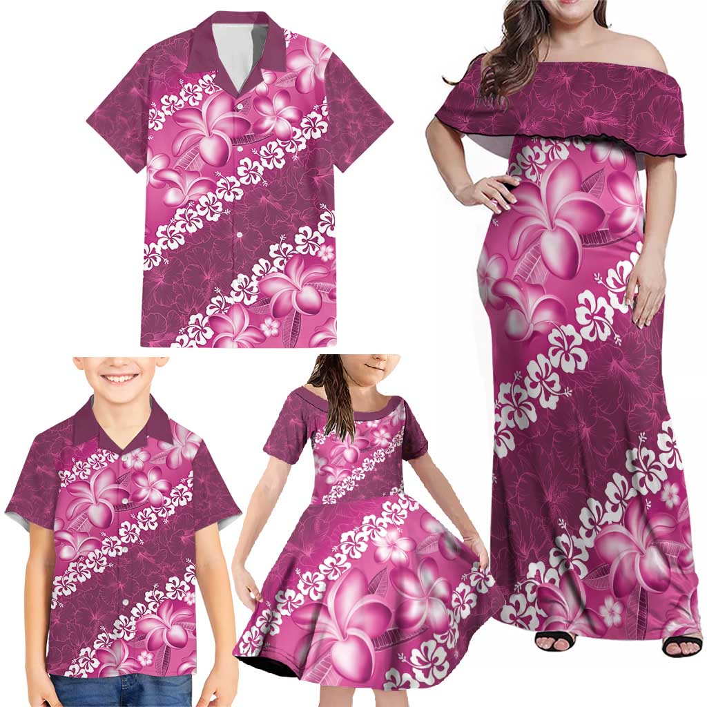 Vintage Pink Polynesia Family Matching Off Shoulder Maxi Dress and Hawaiian Shirt Plumeria With Hibiscus Tropical Vibes LT14 - Polynesian Pride