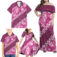 Vintage Pink Polynesia Family Matching Off Shoulder Maxi Dress and Hawaiian Shirt Plumeria With Hibiscus Tropical Vibes LT14 - Polynesian Pride
