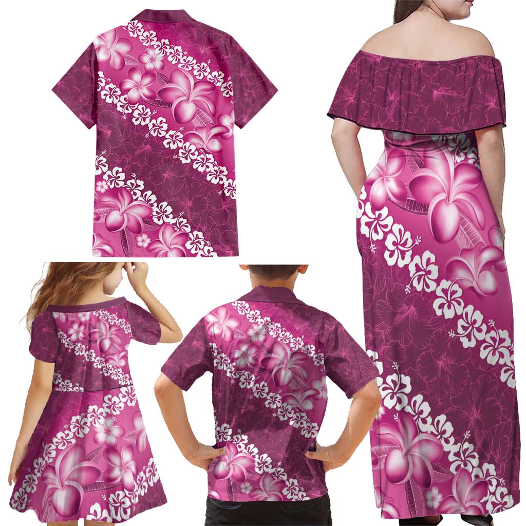 Vintage Pink Polynesia Family Matching Off Shoulder Maxi Dress and Hawaiian Shirt Plumeria With Hibiscus Tropical Vibes LT14 - Polynesian Pride