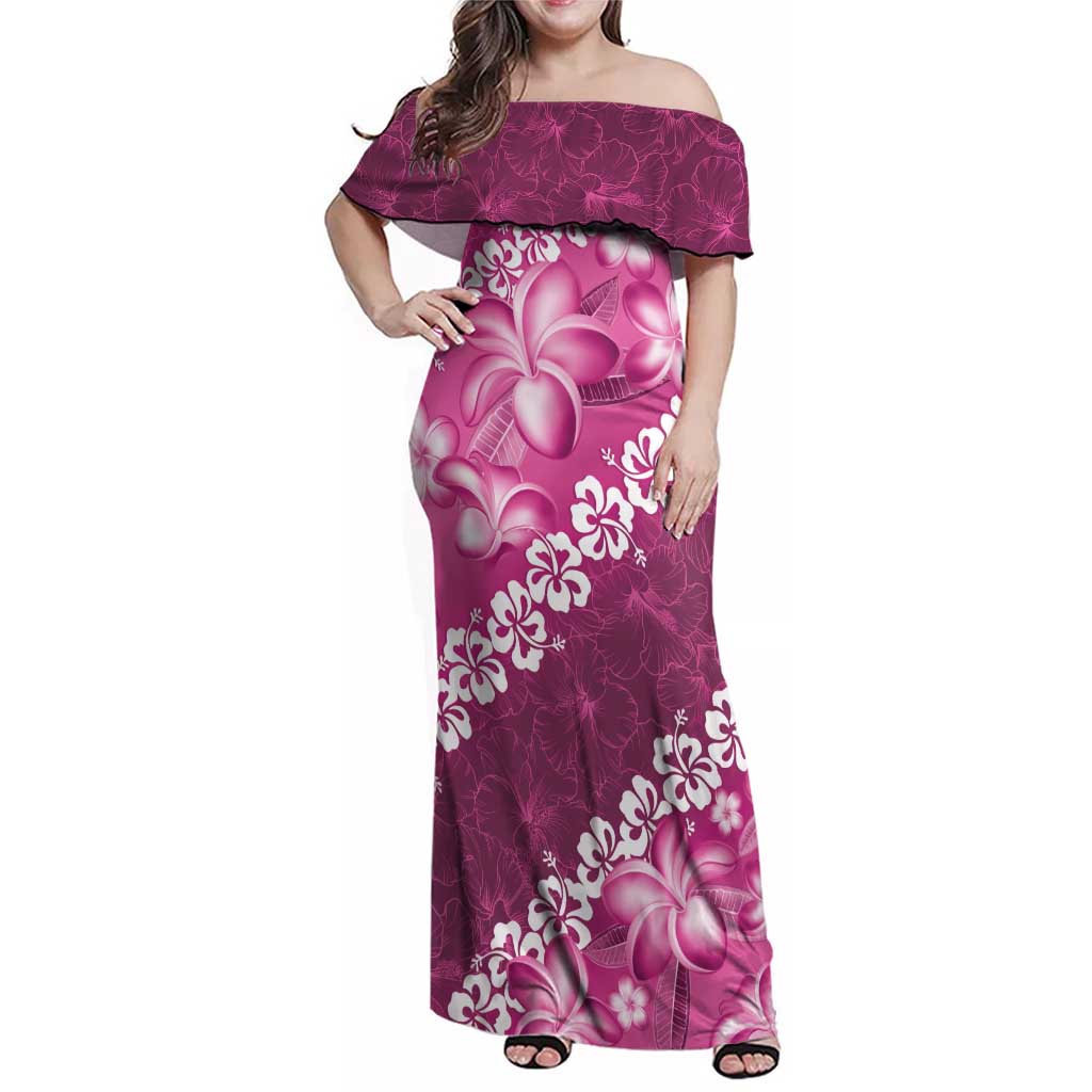 Vintage Pink Polynesia Family Matching Off Shoulder Maxi Dress and Hawaiian Shirt Plumeria With Hibiscus Tropical Vibes LT14 Mom's Dress Pink - Polynesian Pride