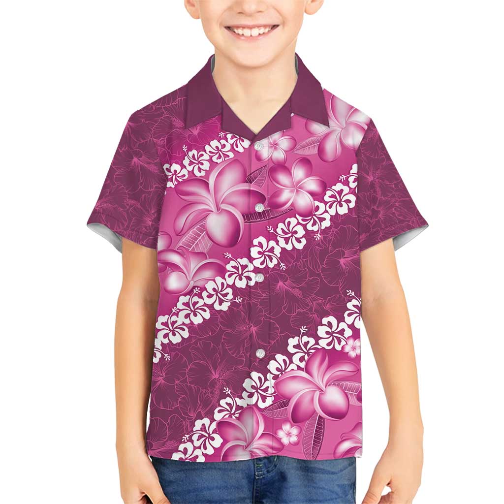 Vintage Pink Polynesia Family Matching Off Shoulder Maxi Dress and Hawaiian Shirt Plumeria With Hibiscus Tropical Vibes LT14 Son's Shirt Pink - Polynesian Pride