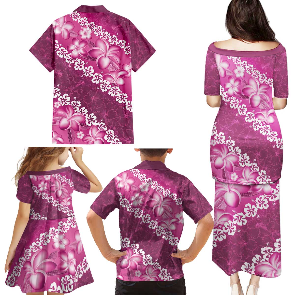 Vintage Pink Polynesia Family Matching Puletasi and Hawaiian Shirt Plumeria With Hibiscus Tropical Vibes LT14 - Polynesian Pride