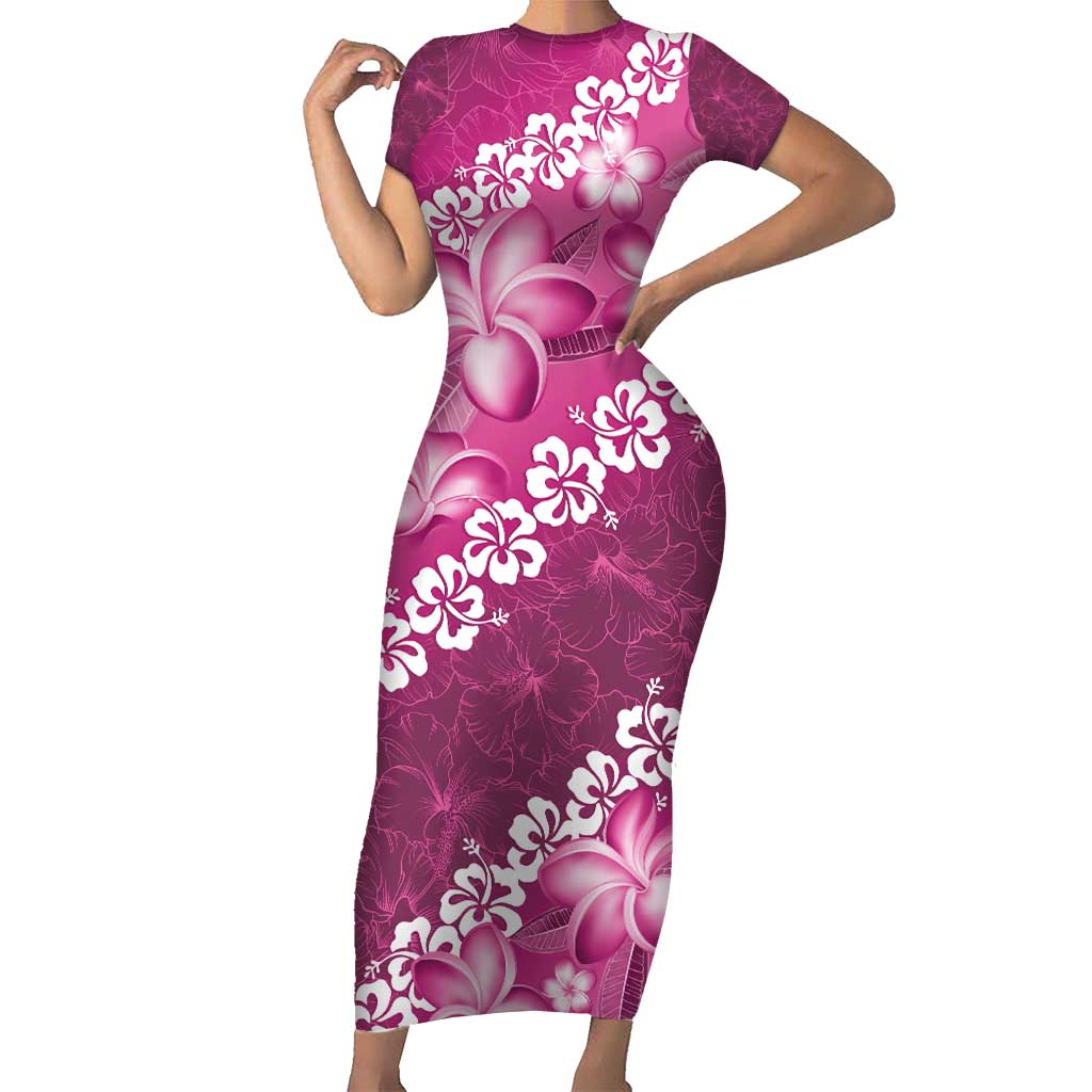Vintage Pink Polynesia Family Matching Short Sleeve Bodycon Dress and Hawaiian Shirt Plumeria With Hibiscus Tropical Vibes LT14 Mom's Dress Pink - Polynesian Pride