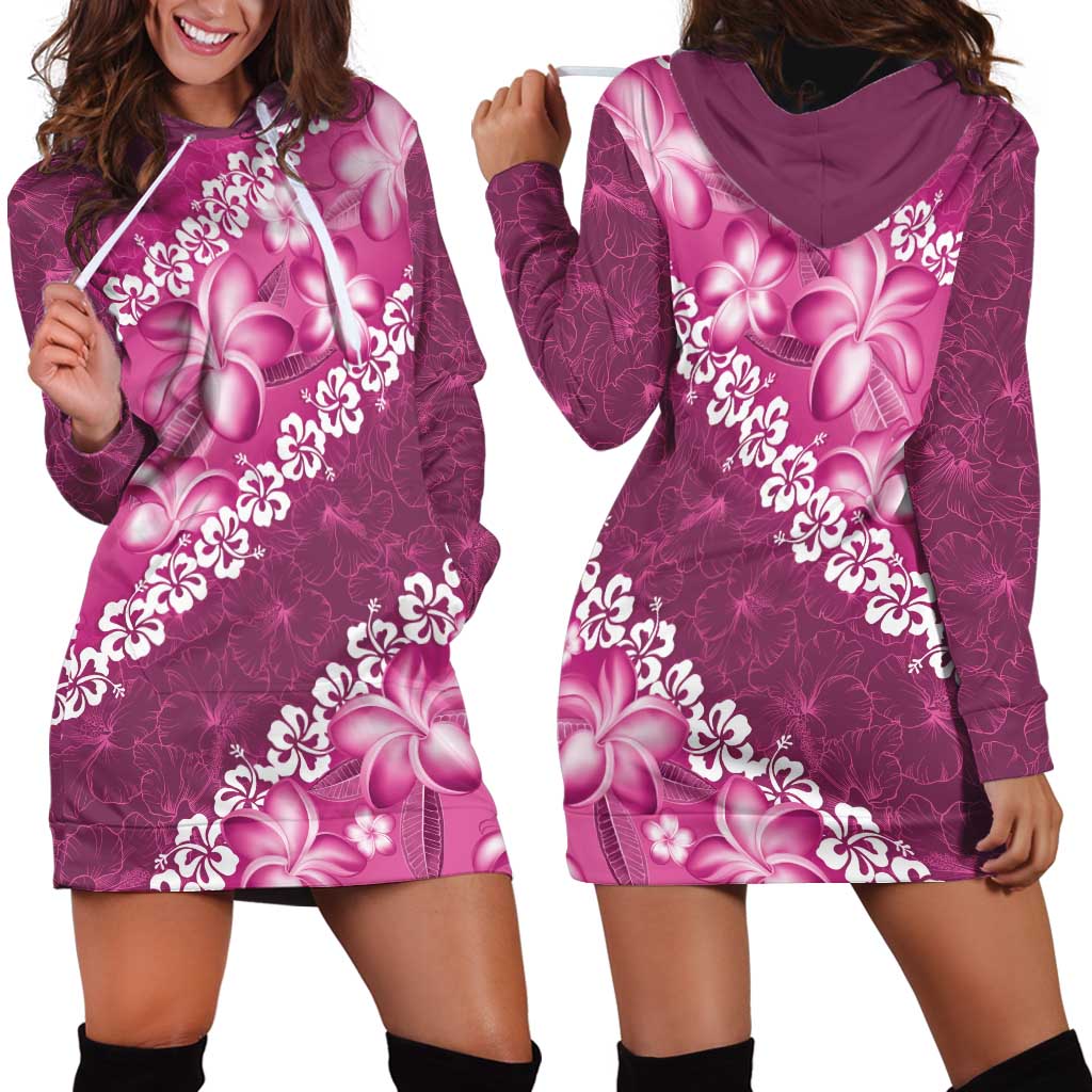 Vintage Pink Polynesia Hoodie Dress Plumeria With Hibiscus Tropical Vibes