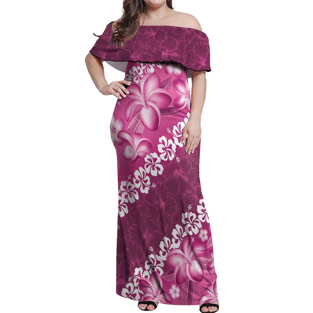 Vintage Pink Polynesia Off Shoulder Maxi Dress Plumeria With Hibiscus Tropical Vibes LT14 Women Pink - Polynesian Pride