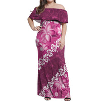 Vintage Pink Polynesia Off Shoulder Maxi Dress Plumeria With Hibiscus Tropical Vibes LT14 Women Pink - Polynesian Pride