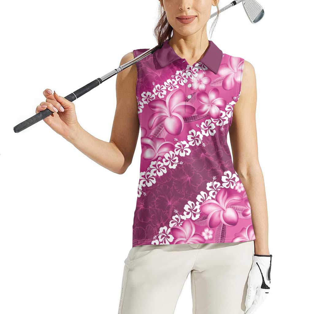 Vintage Pink Polynesia Women Sleeveless Polo Shirt Plumeria With Hibiscus Tropical Vibes LT14 - Polynesian Pride