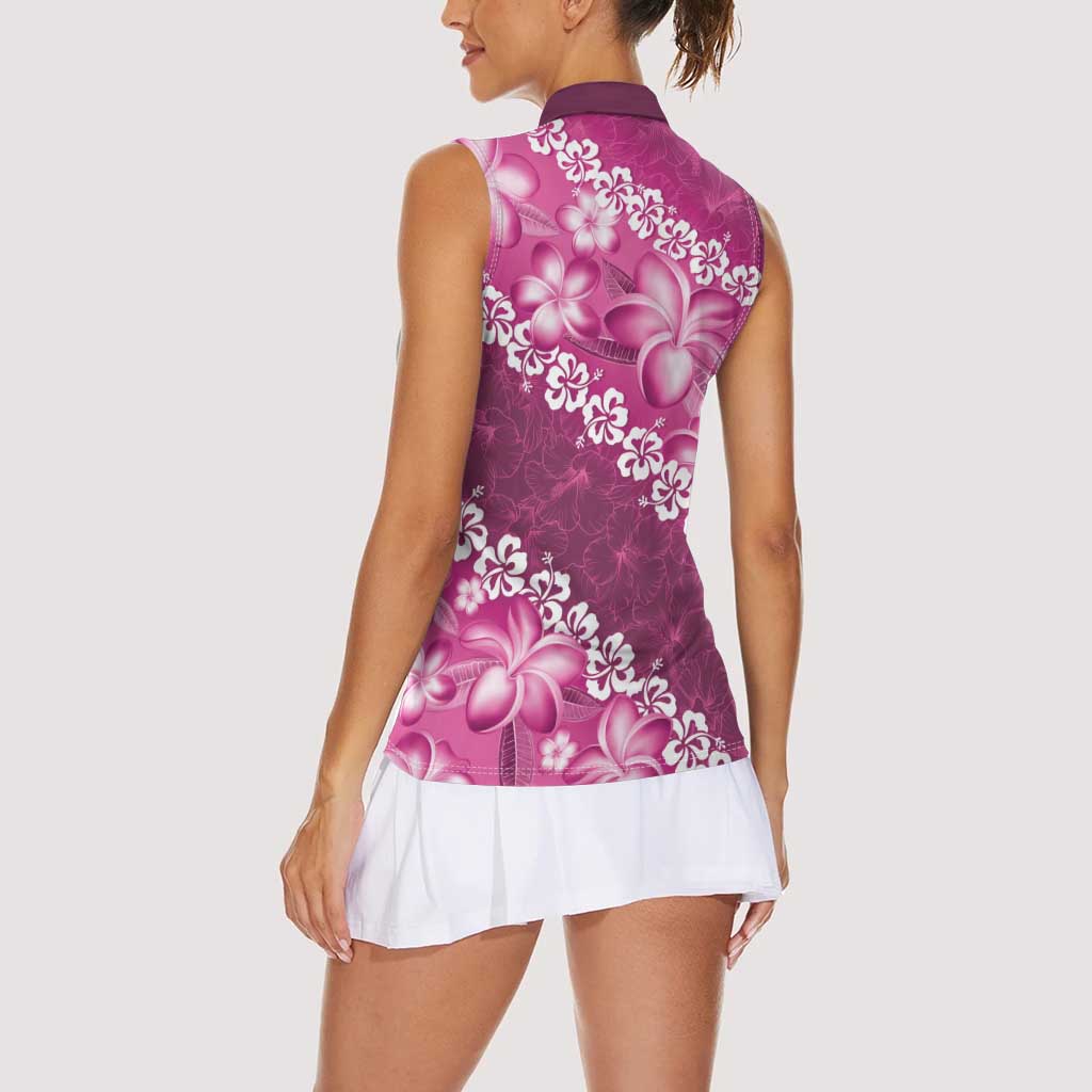 Vintage Pink Polynesia Women Sleeveless Polo Shirt Plumeria With Hibiscus Tropical Vibes LT14 - Polynesian Pride